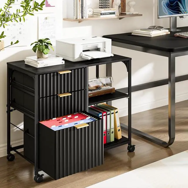 Alt view image 2 of 7 - 3 Drawer Mobile File Cabinet Printer Stand, Fluted Filing Cabinet with Open Storage Shelves Adjustable, Rolling Lateral Fabric Filing Cabinet for Home Office, Fits Letter Size, Black