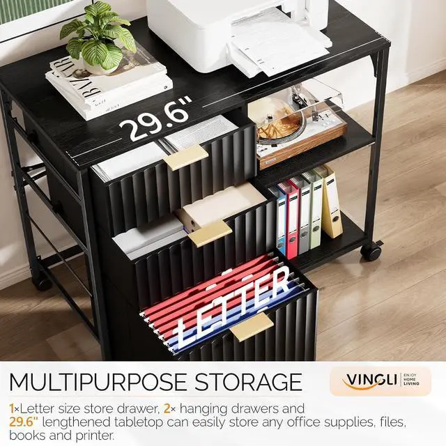 Alt view image 4 of 7 - 3 Drawer Mobile File Cabinet Printer Stand, Fluted Filing Cabinet with Open Storage Shelves Adjustable, Rolling Lateral Fabric Filing Cabinet for Home Office, Fits Letter Size, Black