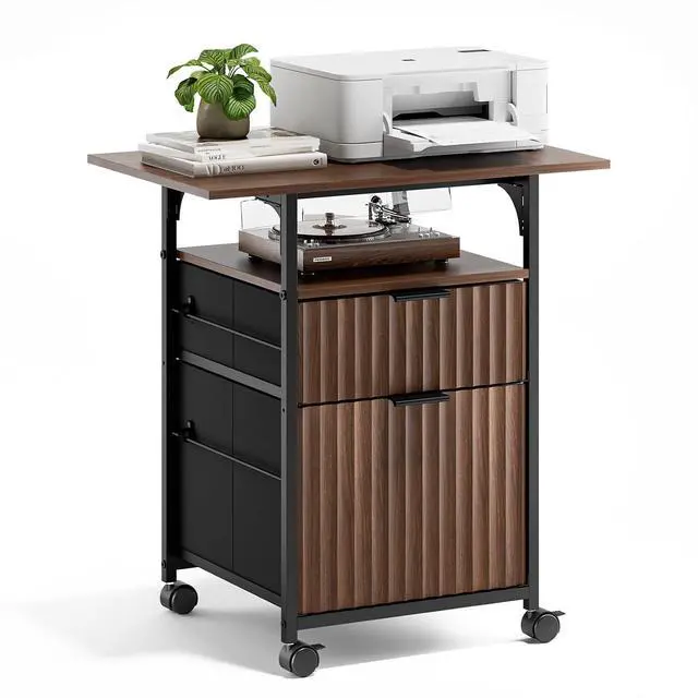 Main image of 2 Drawer File Cabinet with 24'' Extended Desktop, Fluted Filing Cabinet Mobile Under Desk File Cabinet with Wheels, Fabric Drawers Printer Stand for Home Office, Fits Letter Size, Walnut