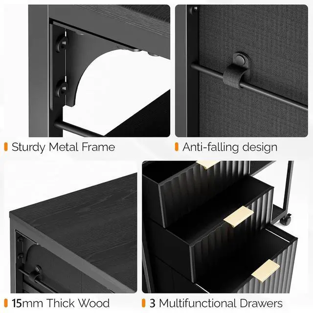 Alt view image 7 of 7 - 3 Drawer Mobile File Cabinet Printer Stand, Fluted Filing Cabinet with Open Storage Shelves Adjustable, Rolling Lateral Fabric Filing Cabinet for Home Office, Fits Letter Size, Black