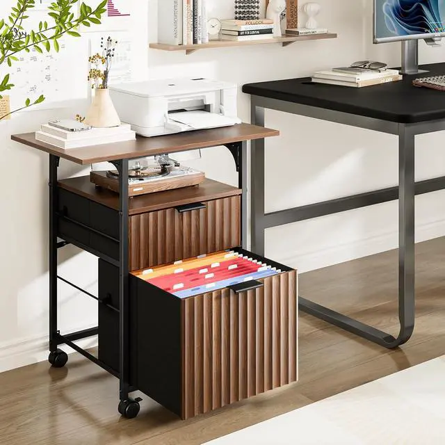 Alt view image 2 of 7 - 2 Drawer File Cabinet with 24'' Extended Desktop, Fluted Filing Cabinet Mobile Under Desk File Cabinet with Wheels, Fabric Drawers Printer Stand for Home Office, Fits Letter Size, Walnut