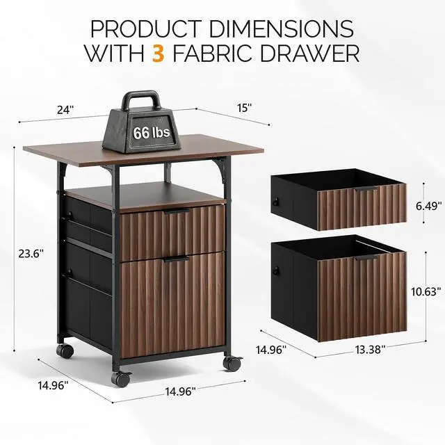 Alt view image 3 of 7 - 2 Drawer File Cabinet with 24'' Extended Desktop, Fluted Filing Cabinet Mobile Under Desk File Cabinet with Wheels, Fabric Drawers Printer Stand for Home Office, Fits Letter Size, Walnut