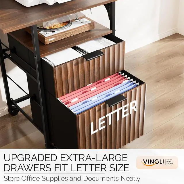 Alt view image 4 of 7 - 2 Drawer File Cabinet with 24'' Extended Desktop, Fluted Filing Cabinet Mobile Under Desk File Cabinet with Wheels, Fabric Drawers Printer Stand for Home Office, Fits Letter Size, Walnut