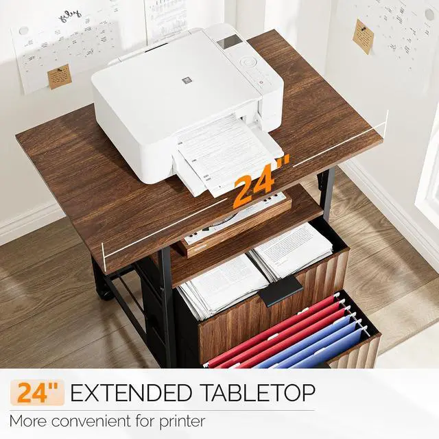 Alt view image 7 of 7 - 2 Drawer File Cabinet with 24'' Extended Desktop, Fluted Filing Cabinet Mobile Under Desk File Cabinet with Wheels, Fabric Drawers Printer Stand for Home Office, Fits Letter Size, Walnut