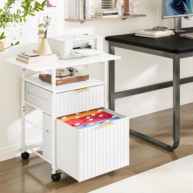 Alt view image 2 of 7 - 2 Drawer File Cabinet with 24'' Extended Desktop, Fluted Filing Cabinet Mobile Under Desk File Cabinet with Wheels, Fabric Drawers Printer Stand for Home Office, Fits Letter Size, White