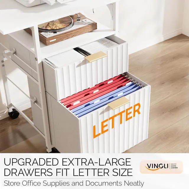 Alt view image 4 of 7 - 2 Drawer File Cabinet with 24'' Extended Desktop, Fluted Filing Cabinet Mobile Under Desk File Cabinet with Wheels, Fabric Drawers Printer Stand for Home Office, Fits Letter Size, White