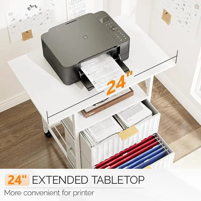 Alt view image 7 of 7 - 2 Drawer File Cabinet with 24'' Extended Desktop, Fluted Filing Cabinet Mobile Under Desk File Cabinet with Wheels, Fabric Drawers Printer Stand for Home Office, Fits Letter Size, White