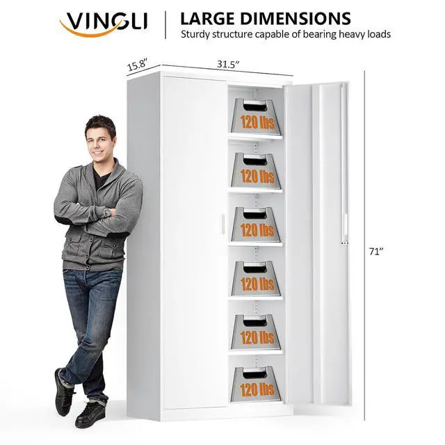 Alt view image 3 of 7 - Metal Garage Storage Cabinet with 2 Doors and 5 Adjustable Shelves, 71" Tall Steel Lockable File Cabinet, Locking Tool Cabinets for Home Office Garage Gym School (White)