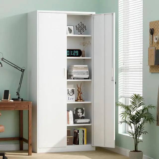 Alt view image 2 of 7 - Metal Garage Storage Cabinet with 2 Doors and 5 Adjustable Shelves, 71" Tall Steel Lockable File Cabinet, Locking Tool Cabinets for Home Office Garage Gym School (White)