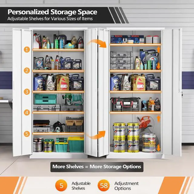 Alt view image 4 of 7 - Metal Garage Storage Cabinet with 2 Doors and 5 Adjustable Shelves, 71" Tall Steel Lockable File Cabinet, Locking Tool Cabinets for Home Office Garage Gym School (White)