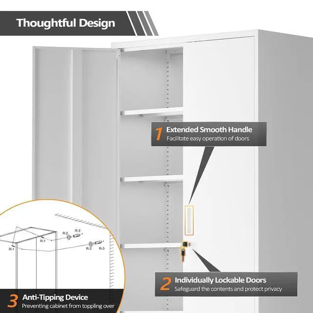 Alt view image 5 of 7 - Metal Garage Storage Cabinet with 2 Doors and 5 Adjustable Shelves, 71" Tall Steel Lockable File Cabinet, Locking Tool Cabinets for Home Office Garage Gym School (White)