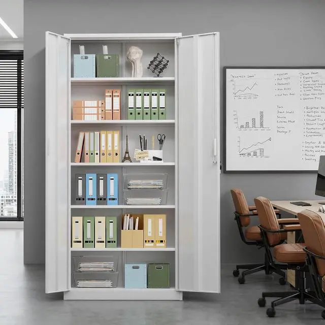 Alt view image 7 of 7 - Metal Garage Storage Cabinet with 2 Doors and 5 Adjustable Shelves, 71" Tall Steel Lockable File Cabinet, Locking Tool Cabinets for Home Office Garage Gym School (White)