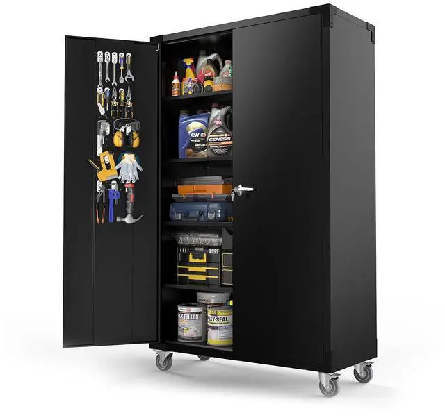 Main image of Upgraded Wide & Deep Garage Storage Cabinet, Metal Storage Cabinet with Pegboards, Wheels, Locking Doors and Adjustable Shelves (Black, 43''W x 20''D x 72''H)