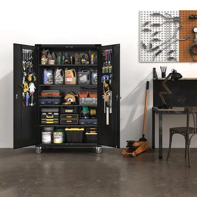 Alt view image 2 of 7 - Upgraded Wide & Deep Garage Storage Cabinet, Metal Storage Cabinet with Pegboards, Wheels, Locking Doors and Adjustable Shelves (Black, 43''W x 20''D x 72''H)