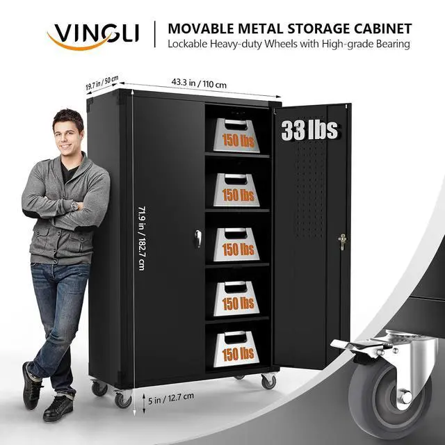 Alt view image 3 of 7 - Upgraded Wide & Deep Garage Storage Cabinet, Metal Storage Cabinet with Pegboards, Wheels, Locking Doors and Adjustable Shelves (Black, 43''W x 20''D x 72''H)