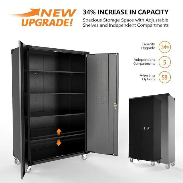 Alt view image 4 of 7 - Upgraded Wide & Deep Garage Storage Cabinet, Metal Storage Cabinet with Pegboards, Wheels, Locking Doors and Adjustable Shelves (Black, 43''W x 20''D x 72''H)