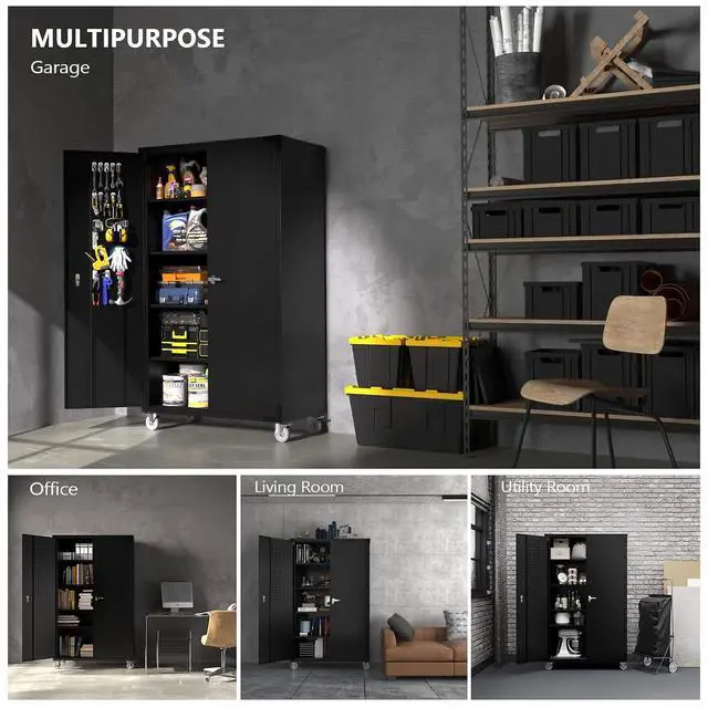Alt view image 7 of 7 - Upgraded Wide & Deep Garage Storage Cabinet, Metal Storage Cabinet with Pegboards, Wheels, Locking Doors and Adjustable Shelves (Black, 43''W x 20''D x 72''H)