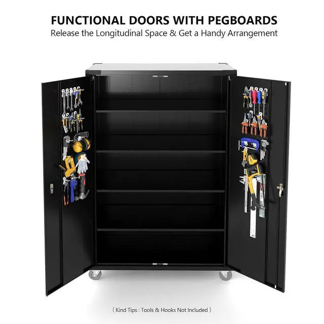 Alt view image 5 of 7 - Upgraded Wide & Deep Garage Storage Cabinet, Metal Storage Cabinet with Pegboards, Wheels, Locking Doors and Adjustable Shelves (Black, 43''W x 20''D x 72''H)
