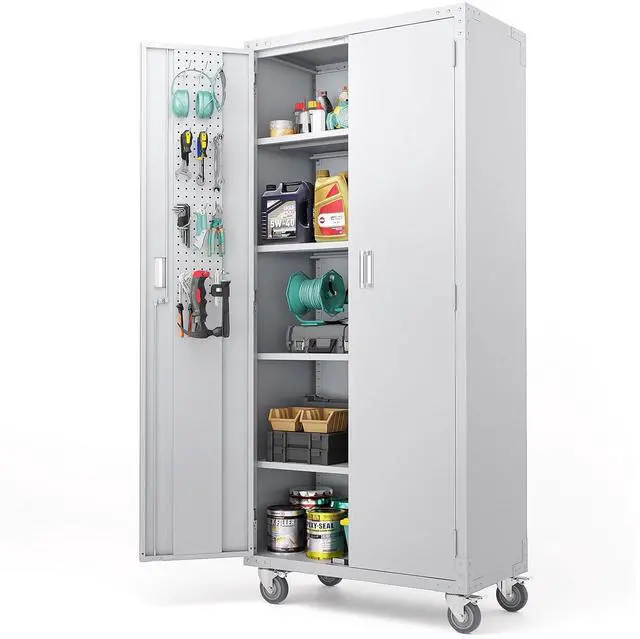 Main image of 72'' Tall Garage Storage Cabinet, Metal Storage Cabinet with Pegboards, Wheels, Locking Doors and Adjustable Shelves (Gray, 32''W x 16''D x 72''H)