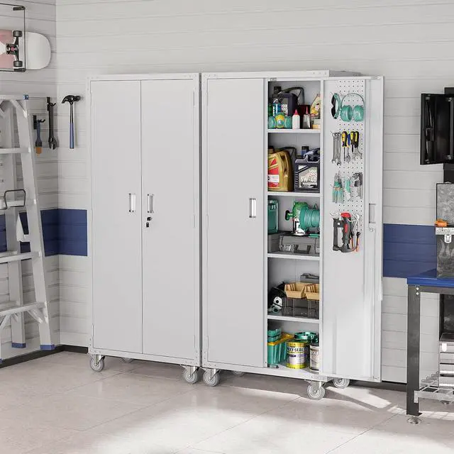 Alt view image 2 of 7 - 72'' Tall Garage Storage Cabinet, Metal Storage Cabinet with Pegboards, Wheels, Locking Doors and Adjustable Shelves (Gray, 32''W x 16''D x 72''H)