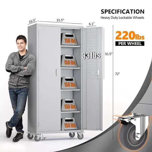 Alt view image 3 of 7 - 72'' Tall Garage Storage Cabinet, Metal Storage Cabinet with Pegboards, Wheels, Locking Doors and Adjustable Shelves (Gray, 32''W x 16''D x 72''H)