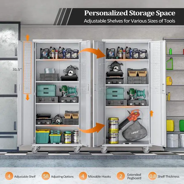 Alt view image 4 of 7 - 72'' Tall Garage Storage Cabinet, Metal Storage Cabinet with Pegboards, Wheels, Locking Doors and Adjustable Shelves (Gray, 32''W x 16''D x 72''H)