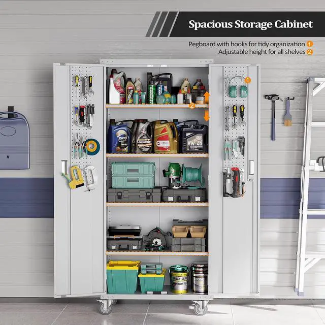 Alt view image 6 of 7 - 72'' Tall Garage Storage Cabinet, Metal Storage Cabinet with Pegboards, Wheels, Locking Doors and Adjustable Shelves (Gray, 32''W x 16''D x 72''H)