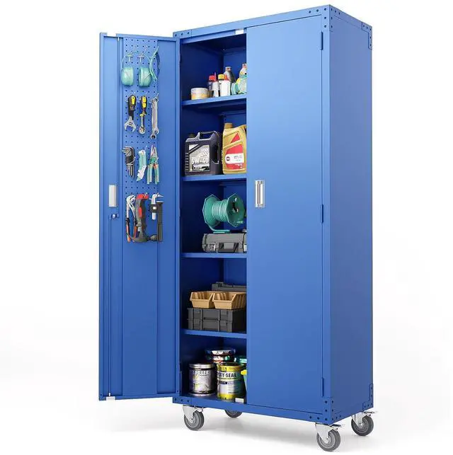 Main image of 72'' Tall Metal Garage Storage Cabinet with Pegboards, Wheels, Locking Doors and Adjustable Shelves, File Cabinet/Tool Cabinet for Home Office/School (Blue, 32W x 16D x 72H)