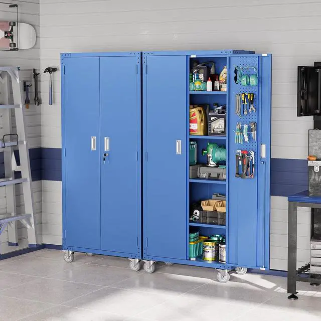 Alt view image 2 of 7 - 72'' Tall Metal Garage Storage Cabinet with Pegboards, Wheels, Locking Doors and Adjustable Shelves, File Cabinet/Tool Cabinet for Home Office/School (Blue, 32W x 16D x 72H)