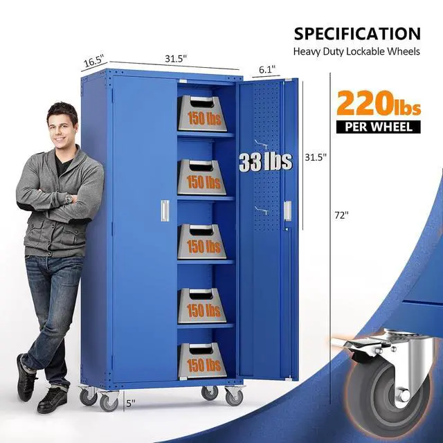 Alt view image 3 of 7 - 72'' Tall Metal Garage Storage Cabinet with Pegboards, Wheels, Locking Doors and Adjustable Shelves, File Cabinet/Tool Cabinet for Home Office/School (Blue, 32W x 16D x 72H)