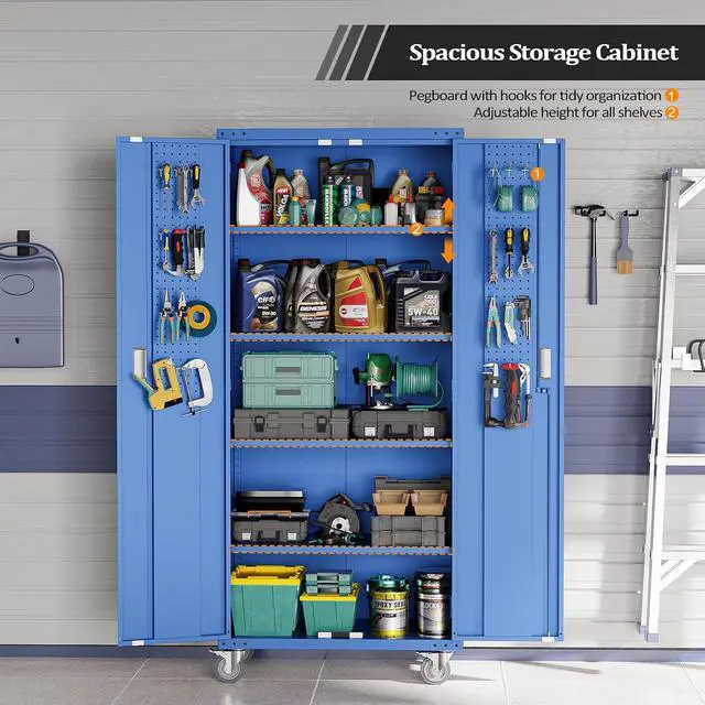 Alt view image 4 of 7 - 72'' Tall Metal Garage Storage Cabinet with Pegboards, Wheels, Locking Doors and Adjustable Shelves, File Cabinet/Tool Cabinet for Home Office/School (Blue, 32W x 16D x 72H)