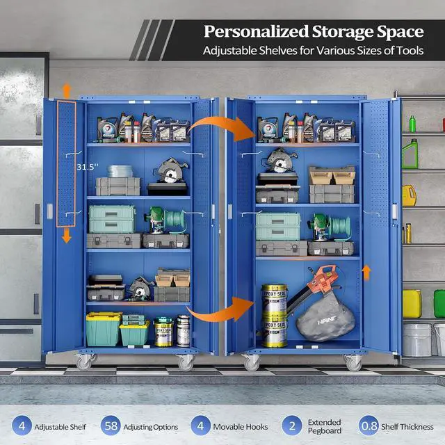 Alt view image 7 of 7 - 72'' Tall Metal Garage Storage Cabinet with Pegboards, Wheels, Locking Doors and Adjustable Shelves, File Cabinet/Tool Cabinet for Home Office/School (Blue, 32W x 16D x 72H)