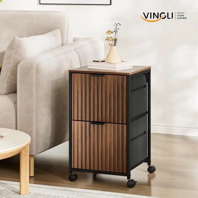 Alt view image 7 of 7 - 2 Drawer Mobile File Cabinet, Rolling Fluted Filing Cabinet Under Desk File Cabinet with Wheels, Fabric Drawers Printer Stand for Home Office, Fits Letter Size, Walnut