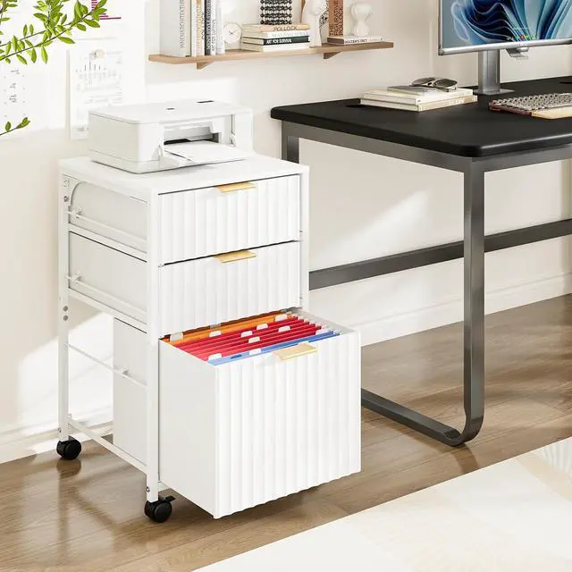 Alt view image 2 of 7 - 3 Drawer Fluted File Cabinet, Rolling File Cabinet Mobile Under Desk File Cabinet with Wheels, Fabric Drawers Printer Stand for Home Office, Fits Letter Size, White