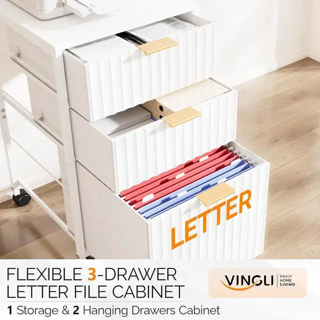 Alt view image 4 of 7 - 3 Drawer Fluted File Cabinet, Rolling File Cabinet Mobile Under Desk File Cabinet with Wheels, Fabric Drawers Printer Stand for Home Office, Fits Letter Size, White