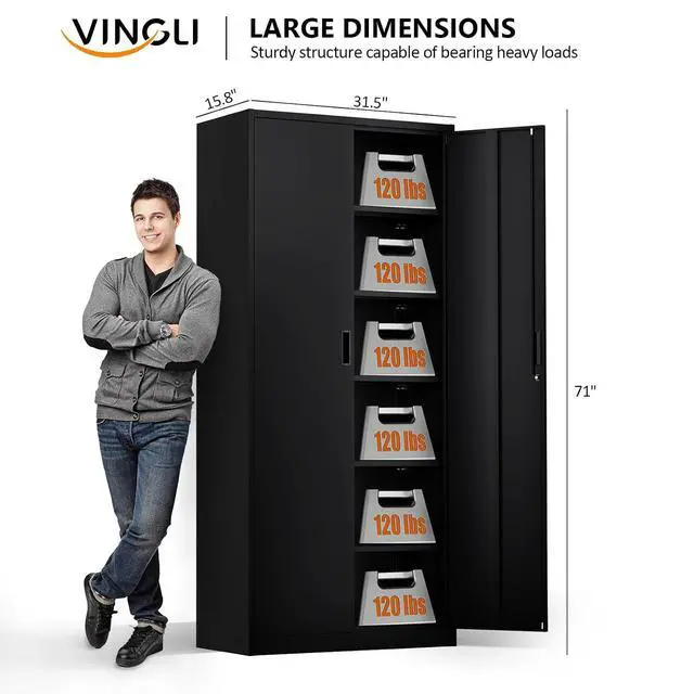 Alt view image 3 of 7 - Metal Garage Storage Cabinet with 2 Doors and 5 Adjustable Shelves, 71" Tall Steel Lockable File Cabinet, Locking Tool Cabinets for Home Office Garage Gym School (Black)