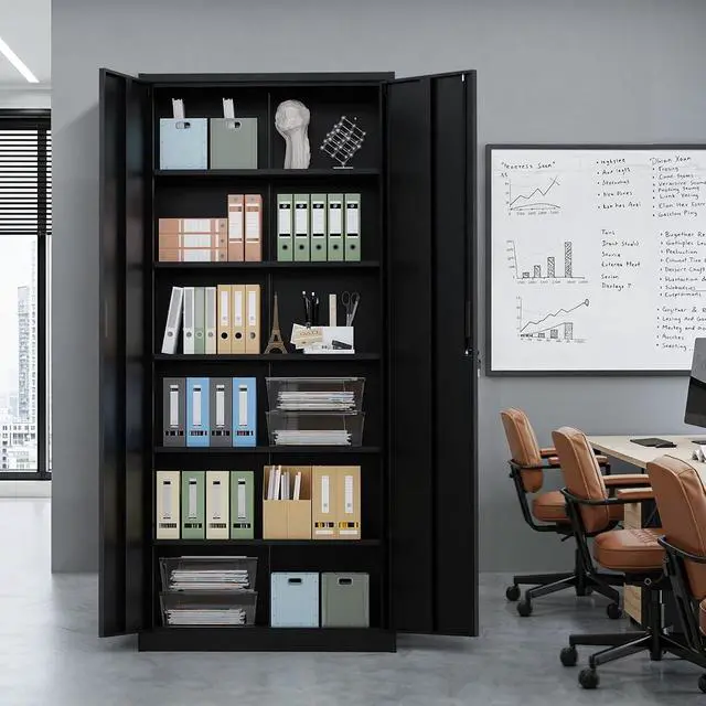 Alt view image 2 of 7 - Metal Garage Storage Cabinet with 2 Doors and 5 Adjustable Shelves, 71" Tall Steel Lockable File Cabinet, Locking Tool Cabinets for Home Office Garage Gym School (Black)
