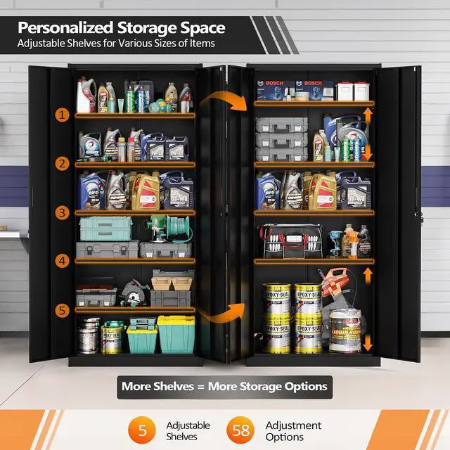 Alt view image 4 of 7 - Metal Garage Storage Cabinet with 2 Doors and 5 Adjustable Shelves, 71" Tall Steel Lockable File Cabinet, Locking Tool Cabinets for Home Office Garage Gym School (Black)