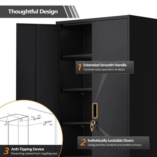 Alt view image 5 of 7 - Metal Garage Storage Cabinet with 2 Doors and 5 Adjustable Shelves, 71" Tall Steel Lockable File Cabinet, Locking Tool Cabinets for Home Office Garage Gym School (Black)