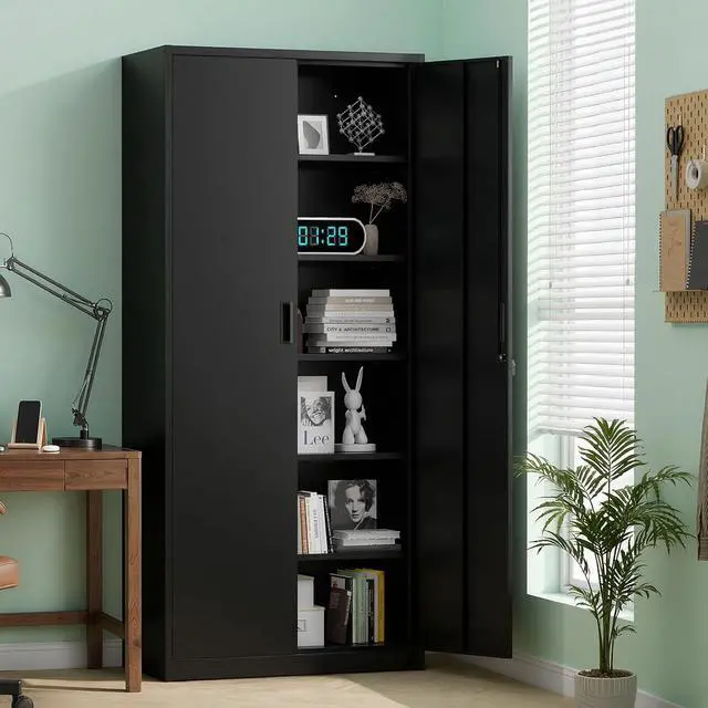 Alt view image 7 of 7 - Metal Garage Storage Cabinet with 2 Doors and 5 Adjustable Shelves, 71" Tall Steel Lockable File Cabinet, Locking Tool Cabinets for Home Office Garage Gym School (Black)
