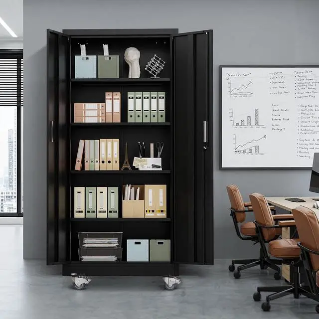 Alt view image 2 of 7 - Rolling Metal Storage Cabinet with Adjustable Shelves, 71'' Tall Garage Storage Cabinet with Wheels, Locking Tool Cabinets for Home Office Garage Gym School (Black)