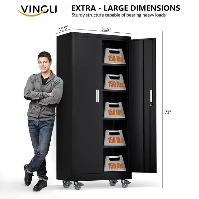 Alt view image 3 of 7 - Rolling Metal Storage Cabinet with Adjustable Shelves, 71'' Tall Garage Storage Cabinet with Wheels, Locking Tool Cabinets for Home Office Garage Gym School (Black)