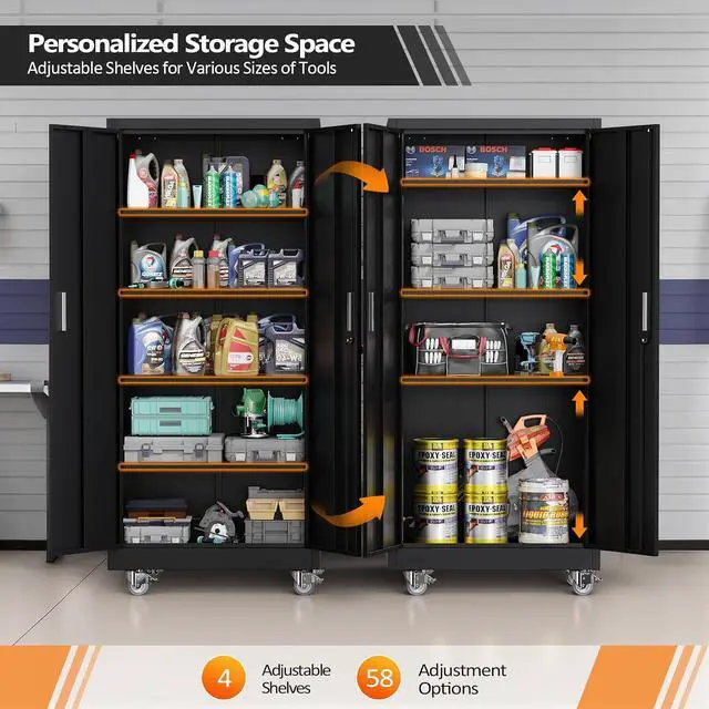 Alt view image 4 of 7 - Rolling Metal Storage Cabinet with Adjustable Shelves, 71'' Tall Garage Storage Cabinet with Wheels, Locking Tool Cabinets for Home Office Garage Gym School (Black)