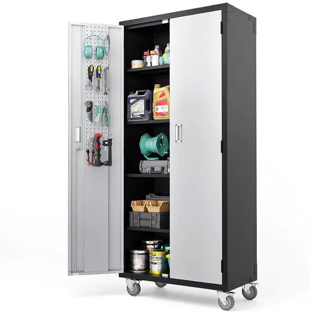 Main image of 72'' Tall Garage Storage Cabinet, Metal Storage Cabinet with Wheels, Locking Doors and Adjustable Shelves (Black & Silver, 32''W x 16''D x 72''H)
