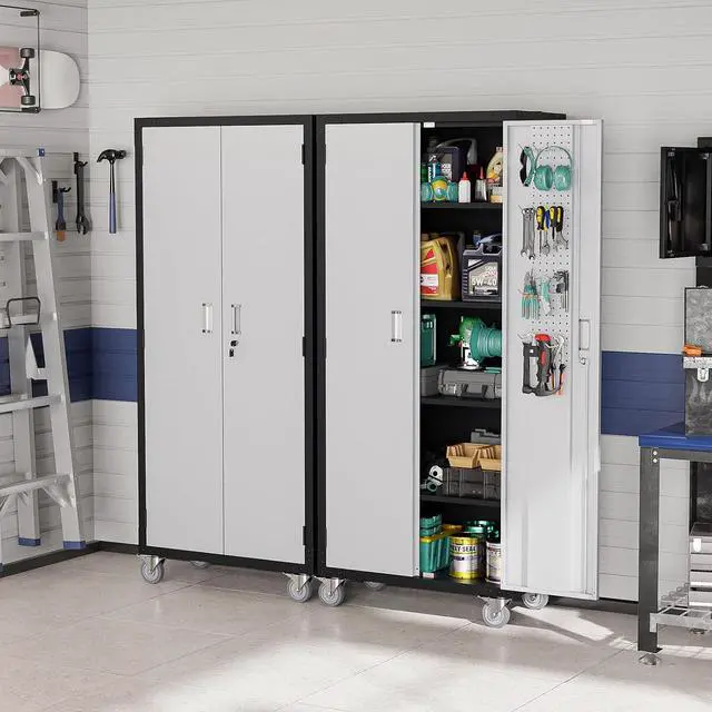 Alt view image 2 of 7 - 72'' Tall Garage Storage Cabinet, Metal Storage Cabinet with Wheels, Locking Doors and Adjustable Shelves (Black & Silver, 32''W x 16''D x 72''H)