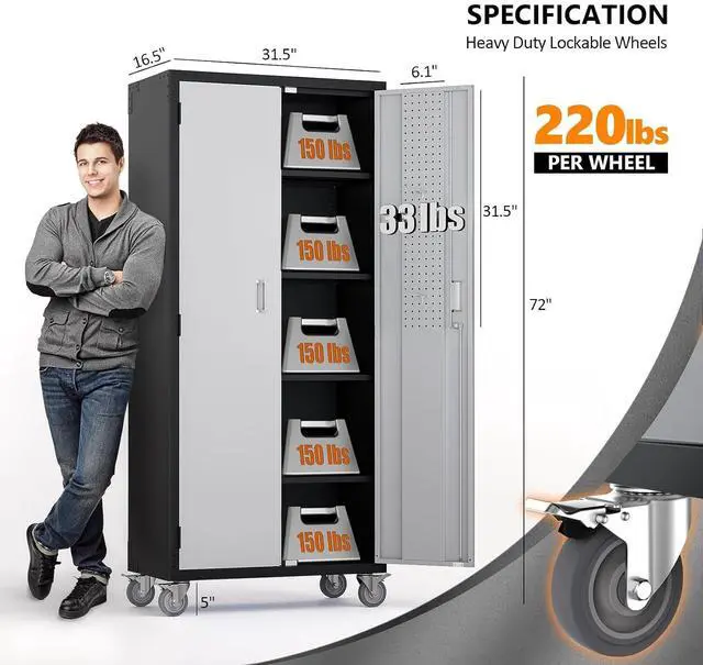 Alt view image 3 of 7 - 72'' Tall Garage Storage Cabinet, Metal Storage Cabinet with Wheels, Locking Doors and Adjustable Shelves (Black & Silver, 32''W x 16''D x 72''H)