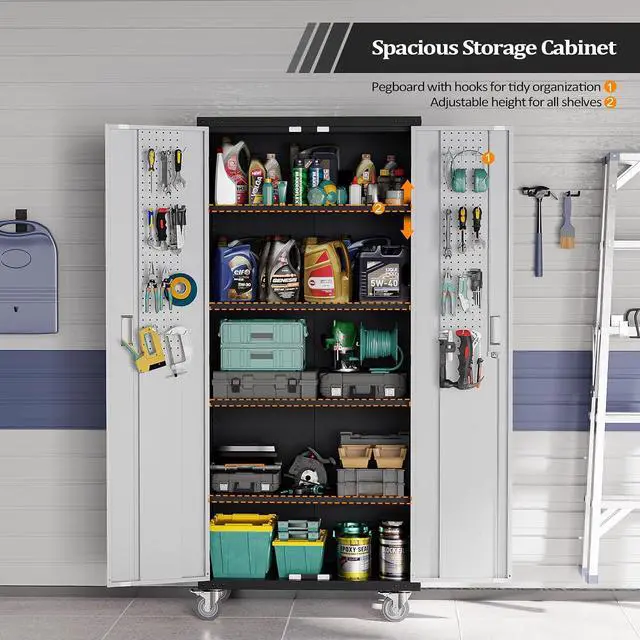 Alt view image 6 of 7 - 72'' Tall Garage Storage Cabinet, Metal Storage Cabinet with Wheels, Locking Doors and Adjustable Shelves (Black & Silver, 32''W x 16''D x 72''H)