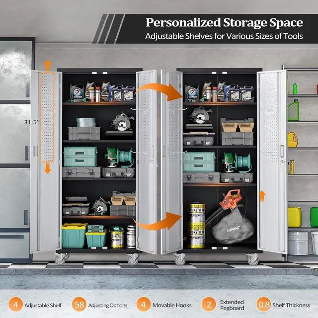 Alt view image 4 of 7 - 72'' Tall Garage Storage Cabinet, Metal Storage Cabinet with Wheels, Locking Doors and Adjustable Shelves (Black & Silver, 32''W x 16''D x 72''H)