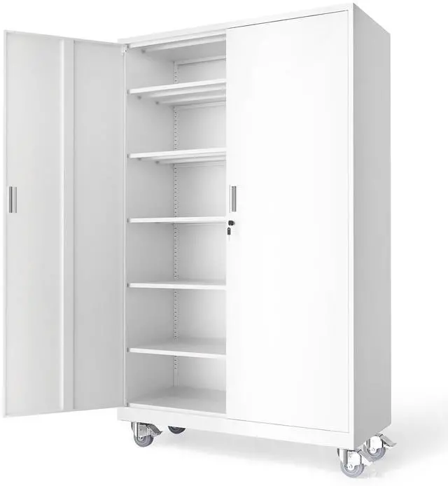 Main image of Large Metal Storage Cabinet with 2 Doors and 5 Adjustable Shelves, Upgraded Height & Wide & Deep, 40''W x 20''D x 72''H, Oversized Garage Storage Cabinet with Wheels and Locks (White)