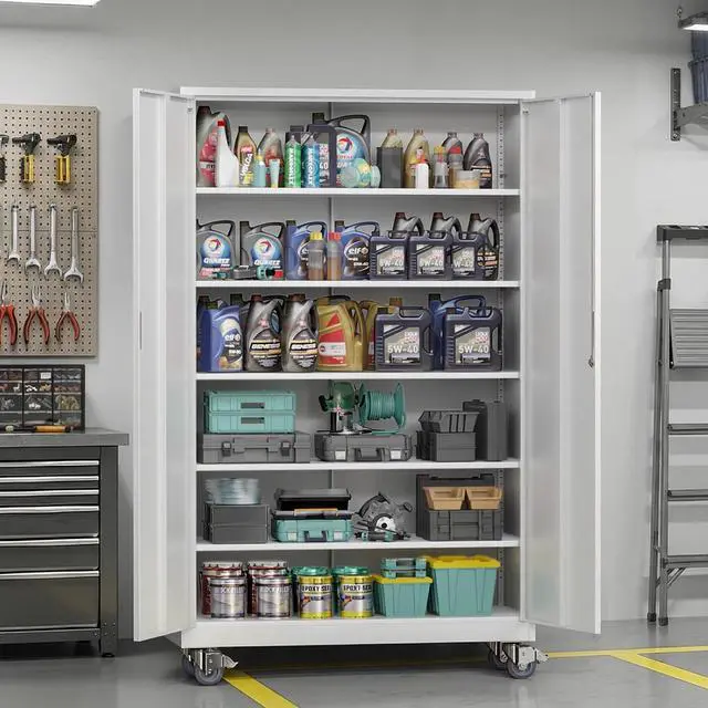 Alt view image 2 of 7 - Large Metal Storage Cabinet with 2 Doors and 5 Adjustable Shelves, Upgraded Height & Wide & Deep, 40''W x 20''D x 72''H, Oversized Garage Storage Cabinet with Wheels and Locks (White)